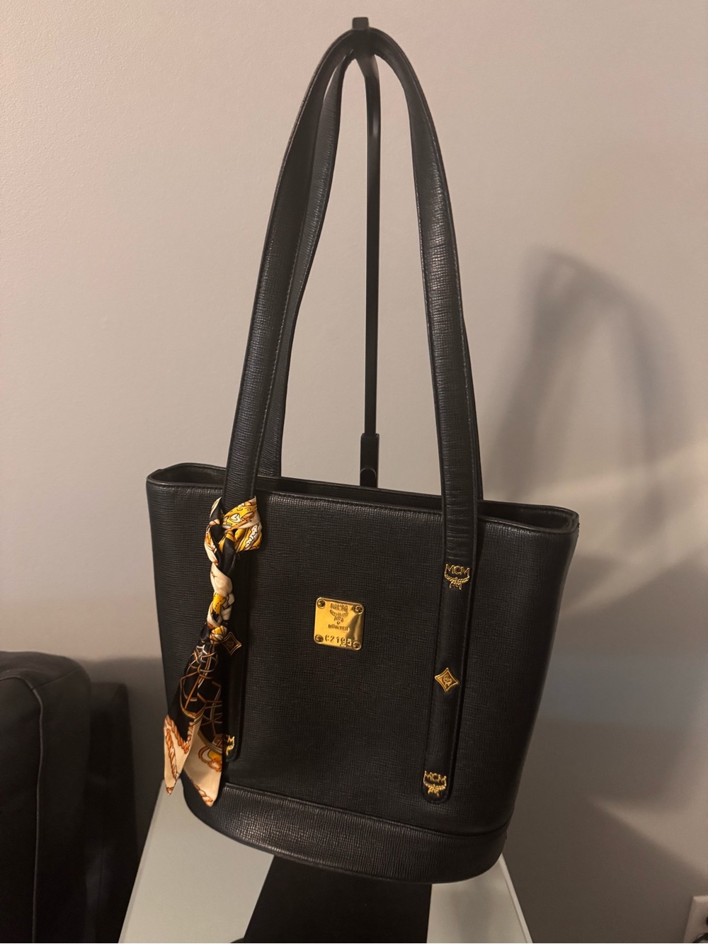 MCM Black Leather Tote with Gold Logo Plaque